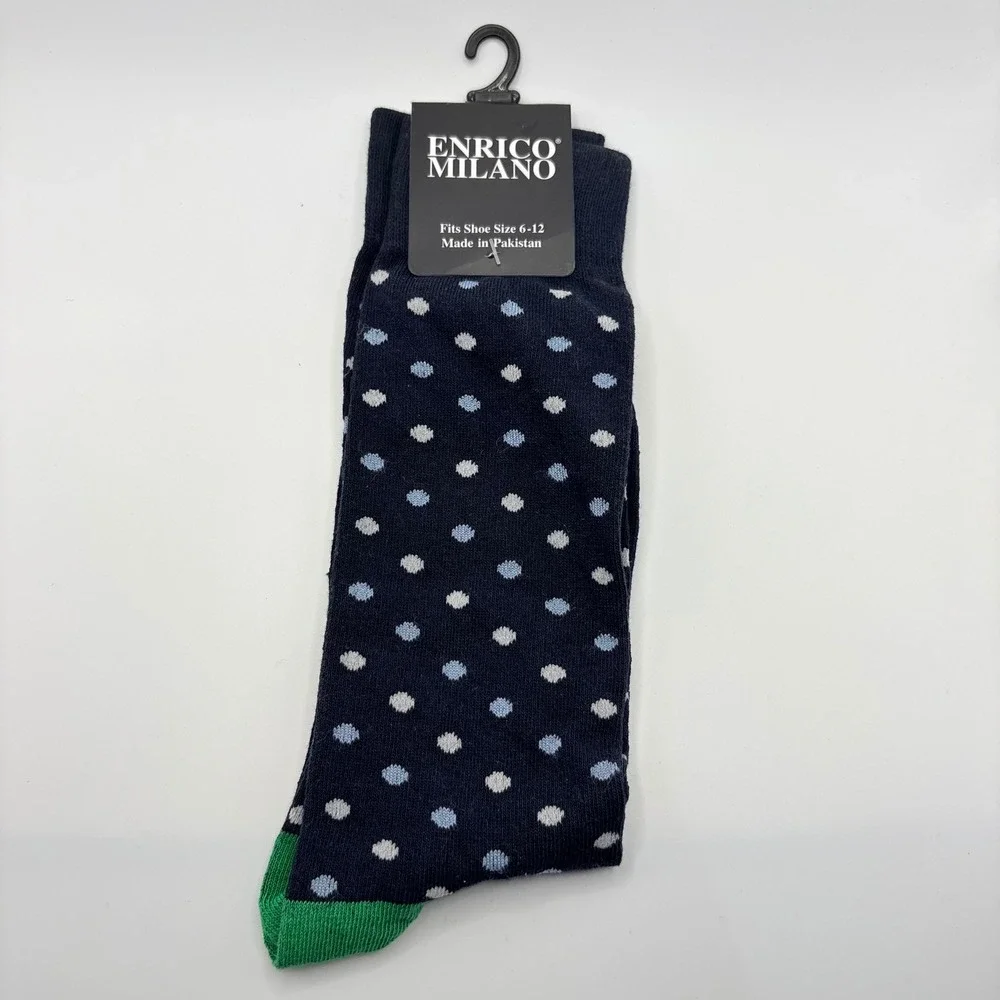 Enrico Milano Polka Dot Dress‎ Socks Mens 10-13 Navy Blue Green Toe Crew New
